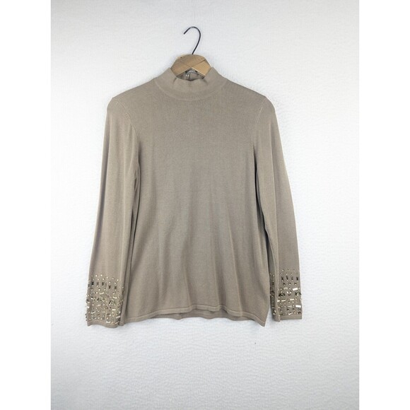 NEW MSRP $99 Chicos Sz 2 Large Bejeweled Gemstones Blouse Mock Neck  Wheat - Picture 1 of 12